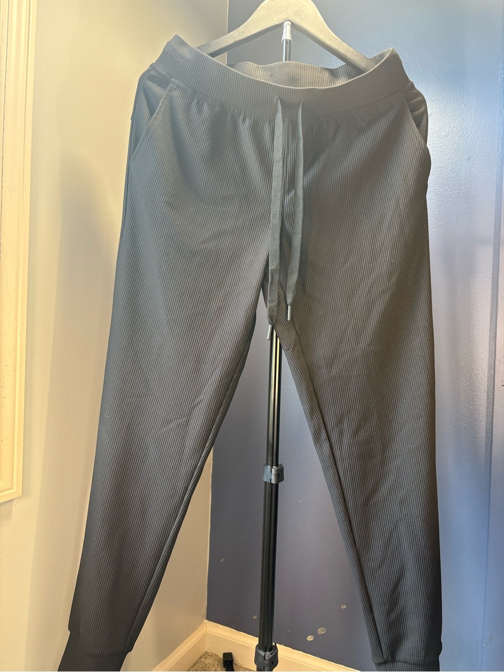 Women's Black Ribbed Jogger Pants with Drawstring Waist